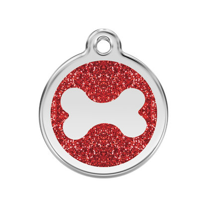medaille identification chien paillettes os rouge
