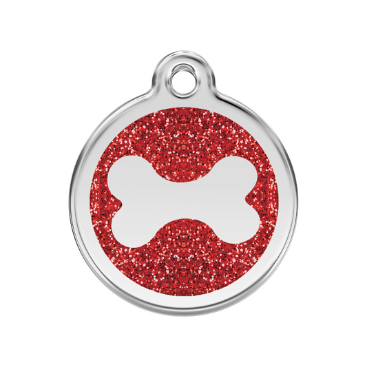 medaille identification chien paillettes os rouge